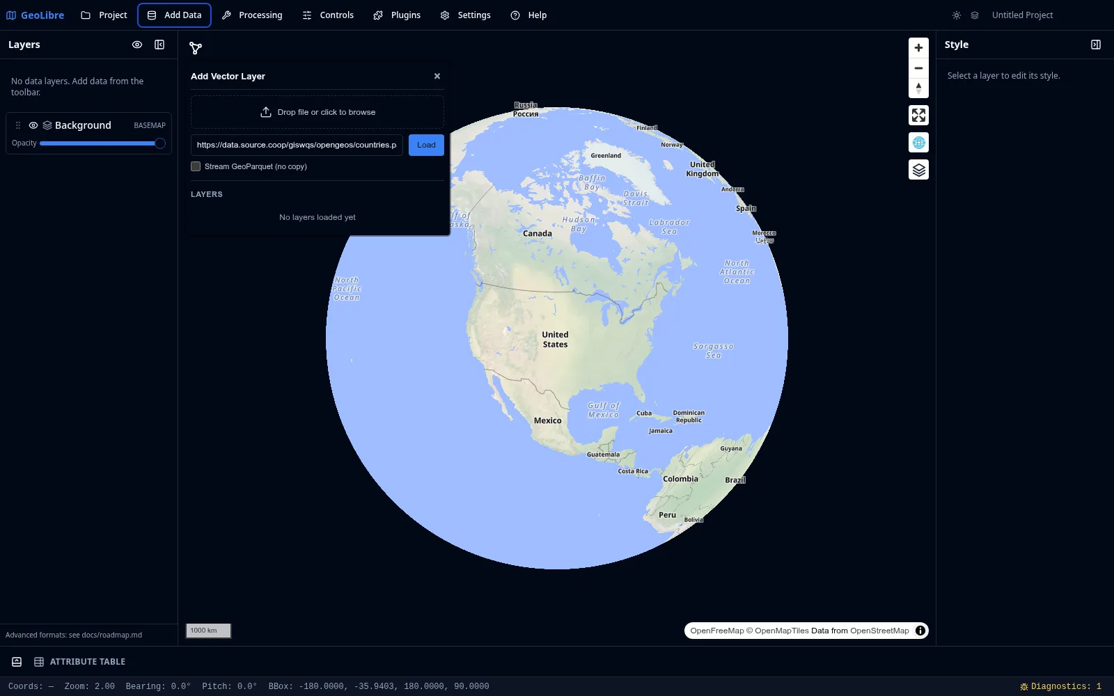 Add Vector Layer panel with the sample URL ready to load