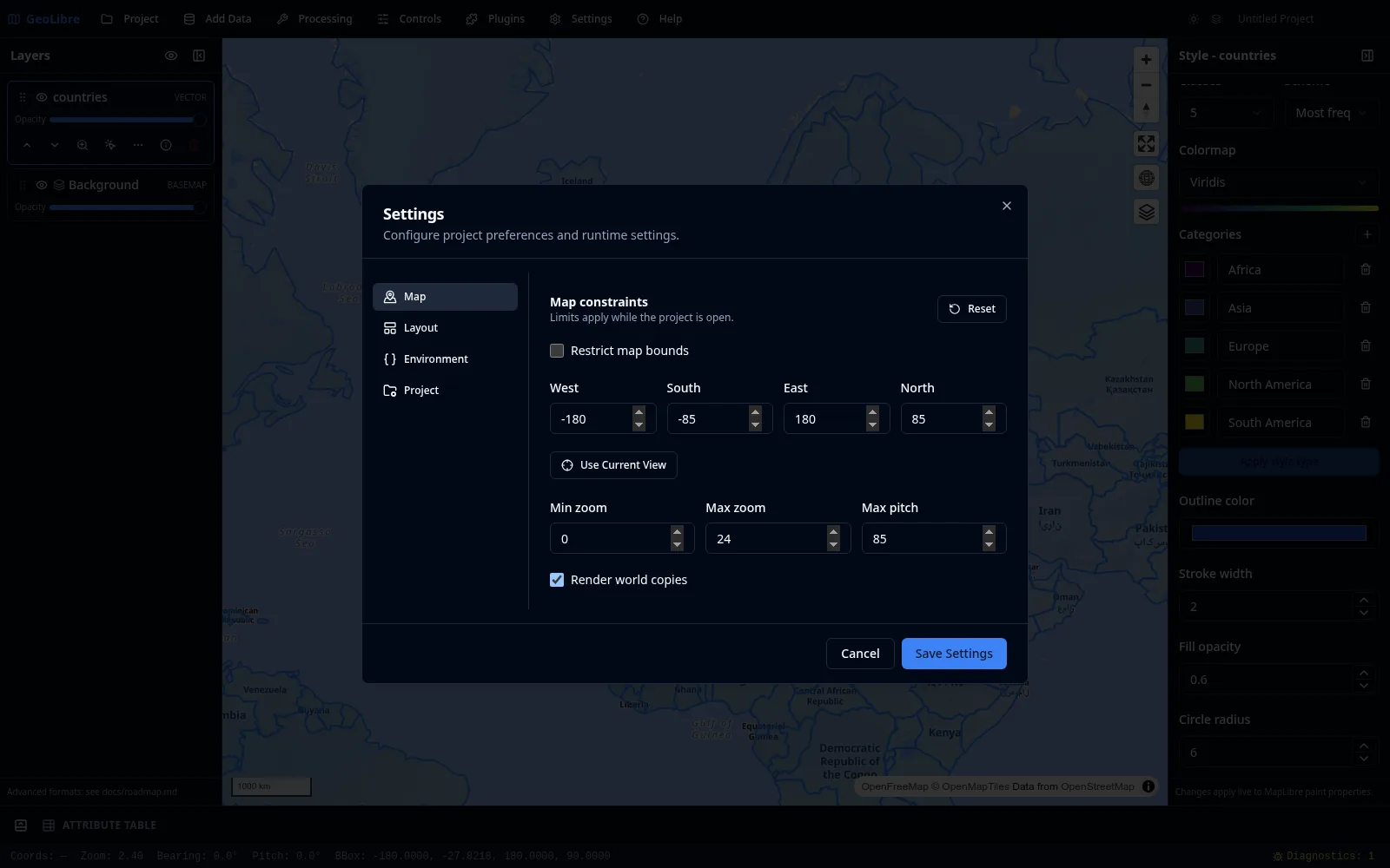 Settings dialog showing Map Preferences
